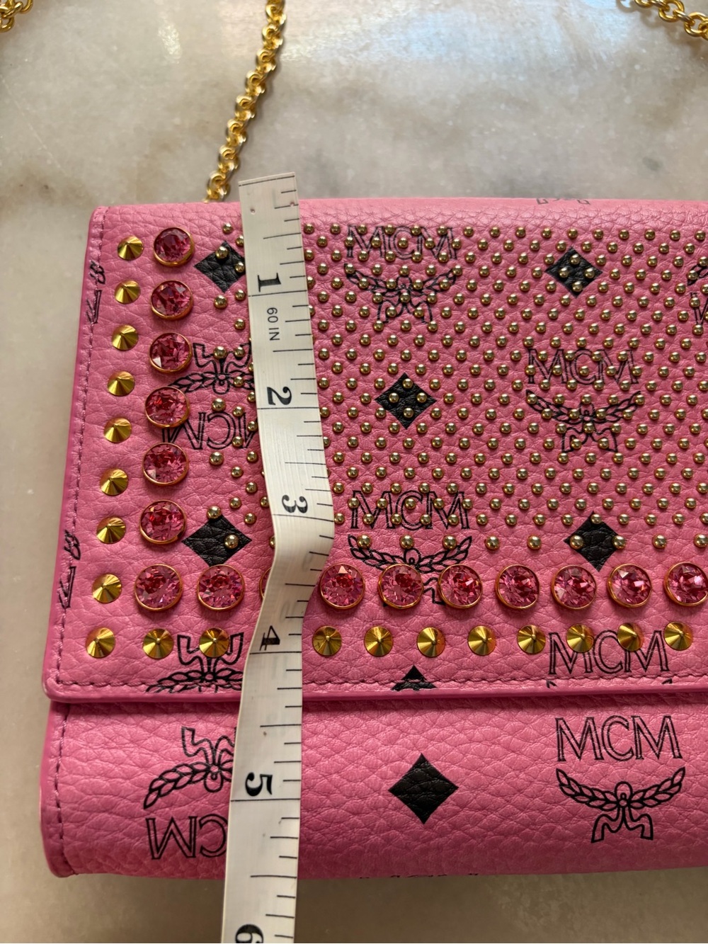 MCM Pink Rhinestone & Gold-Studded Leather Chain Crossbody WOC - Picture 12 of 13